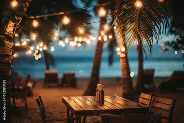 Obraz Soft-focus photography showcasing a beach bar dining experience.