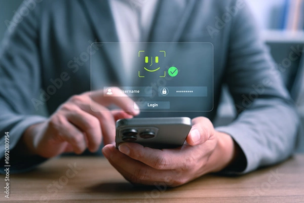 Fototapeta Close-up of businessman using smartphone with facial recognition and password login screen, concept of digital identity, cybersecurity and mobile data protection.
