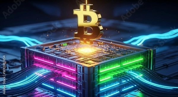 Fototapeta Bitcoin on a Circuit Board - A Digital Currency Future.