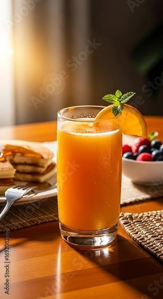 Fototapeta Refreshing Orange Juice with Breakfast on a Sunny Morning.