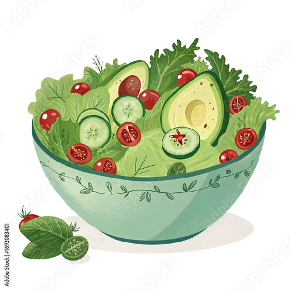 Fototapeta Healthy green salad bowl with lettuce, avocado, cucumbers, and cherry tomatoes on transparent background for diet menus and wellness brands