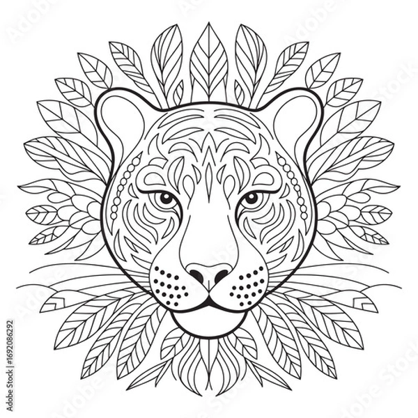 Obraz Zentangle Big Cat Coloring Page for Adults | Printable Leopard with Leaf Mane | Detailed Line Art for Stress Relief, Mindful Coloring