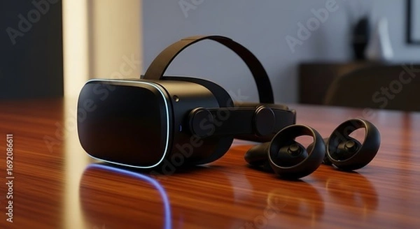 Fototapeta Virtual Reality Headset on Wooden Table - Immersive Tech Experience.