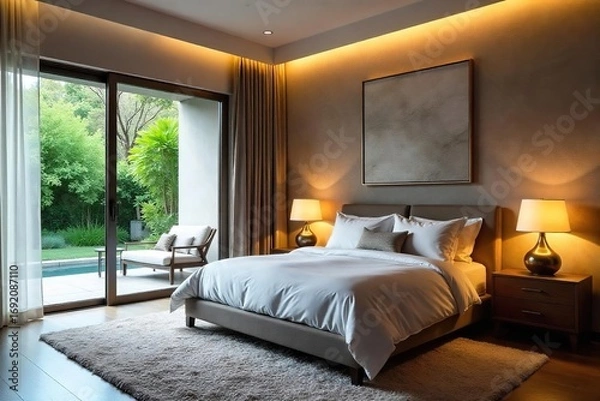 Obraz Serene master bedroom with soft ambient lighting creating a calming atmosphere Perfect for relaxation and sleep , sleep, house