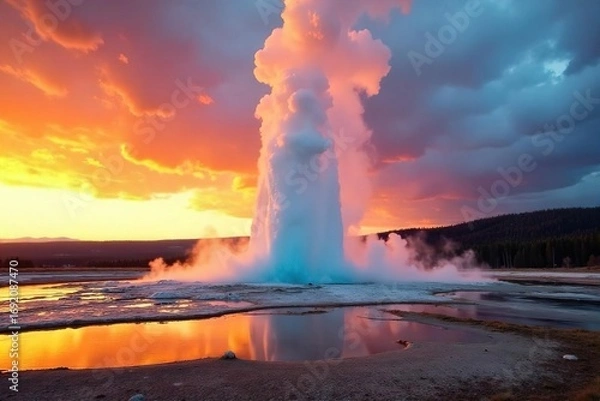 Obraz Spectacular eruption of a Yellowstone geyser, hot water and steam rising high into the air against a dramatic sky A powerful display of geothermal energy in nature's landscape , energy, steam
