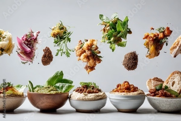 Fototapeta Diverse assortment of middle eastern dips with fresh ingredients in motion