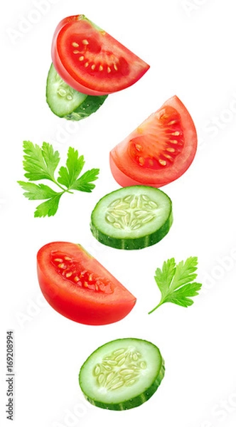 Obraz Isolated vegetables. Mixed slices of cucumber and tomato floating in the air isolated on white with clipping path