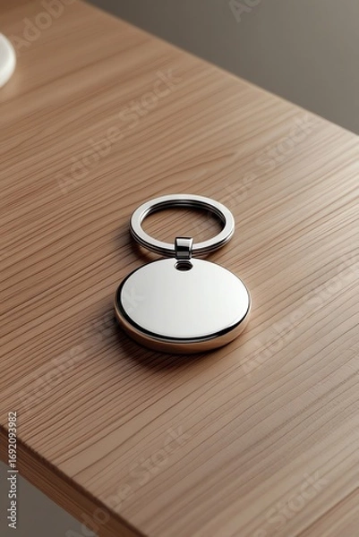 Fototapeta Sleek Minimalist Metal Keychain Mockup on Wooden Surface