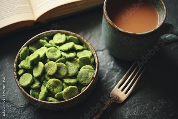 Fototapeta Bowl of green vegetable chips with coffee mug and fork on slate surface