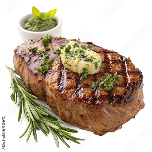 Fototapeta Juicy grilled steak with herbs and garlic butter on transparent background for restaurant branding, menu designs, and BBQ promotions