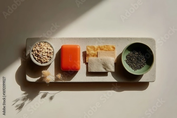 Fototapeta Minimalist arrangement of seeds, crackers, and red container on tray in soft lighting