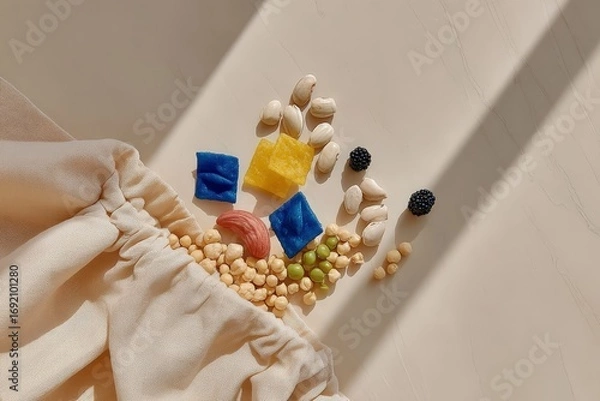 Fototapeta Dried fruits and colorful sweets on beige background with natural light shadows