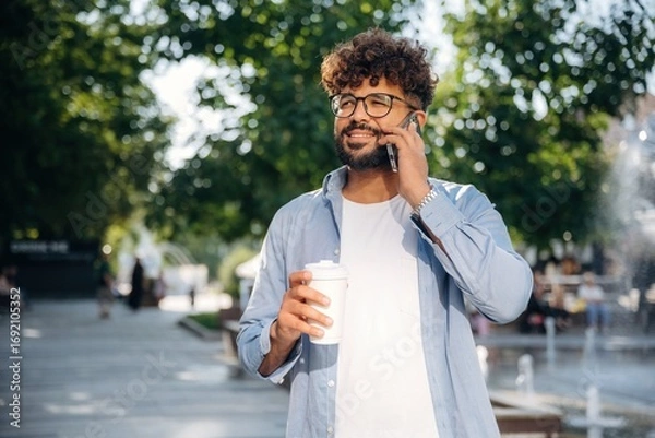 Obraz Paper cup in right hand and smartphone in left one. Handsome man is outdoors in the city