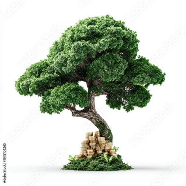 Fototapeta Tree with Leaves and Gold Coins Symbolizing Wealth and Prosperity