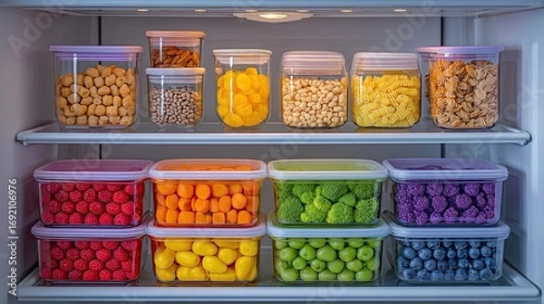 Obraz A fridge organized with clearly labeled meal prep boxes and portion-controlled snacks.