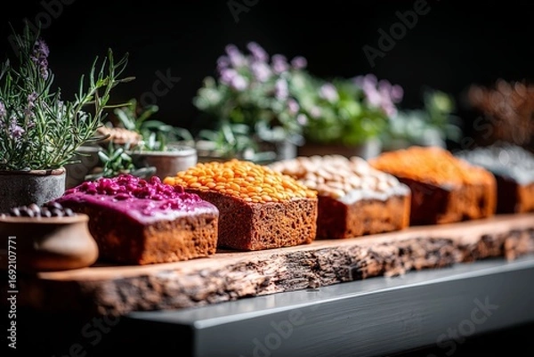 Fototapeta Colorful assortment of decorated pastries with vibrant toppings on rustic wooden platter