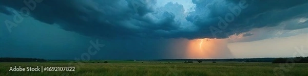 Obraz Dramatic dark clouds building over a vast landscape, heavy rain imminent, powerful storm brewing, nature's fury unleashed ,  weather phenomenon,  thunder,  meteorological