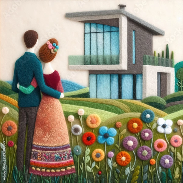 Fototapeta Felt art patchwork, A couple is standing on a lawn, hugging each other while gazing at a contemporary new house