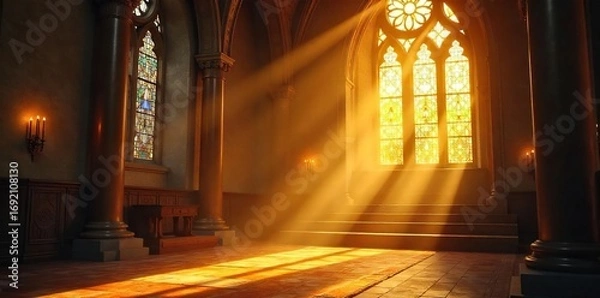 Obraz Golden sunlight streams through stained-glass, illuminating dust motes in a sacred space, hinting at divine treasure and ethereal beauty ,  treasure,  heavenly,  glitter