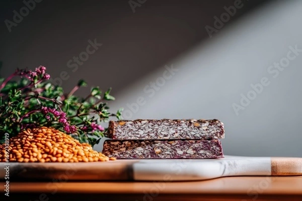 Fototapeta Sliced fig and nut energy bars with pine nuts on marble board in bright lighting