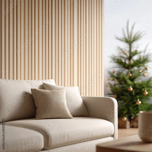 Obraz Cozy living room interior with modern beige sofa and wood slat wall creates peaceful mood for sustainable christmas celebration with decorated pine tree