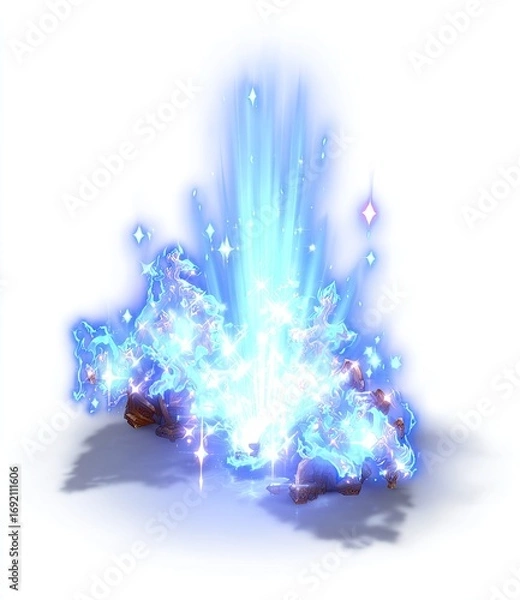 Fototapeta Glowing, light-blue crystalline object erupting in bright light