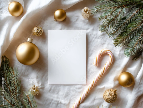 Fototapeta Peaceful sustainable christmas flat lay mockup with blank card golden ornament and fir branch on white cloth background cozy holiday aesthetic for happy new year