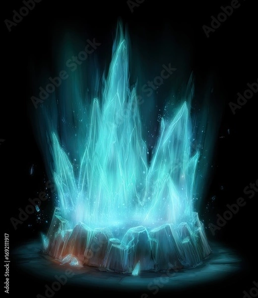 Fototapeta Radiant, icy crystal spire erupting from a rocky base, glowing with ethereal blue light