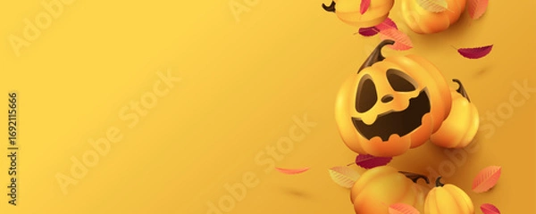 Fototapeta Halloween background with pumpkins, autumn leaves and copy space on yellow gradient for poster banner flyer party invitation seasonal promotion and commercial design use