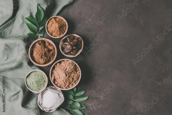 Fototapeta Assorted natural herbs and powders in bowls on dark background with green leaves