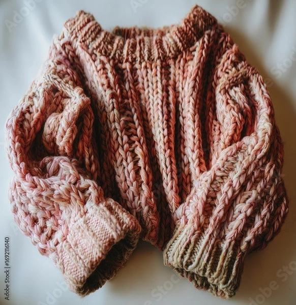 Fototapeta A soft, chunky knit sweater in muted pinks and browns