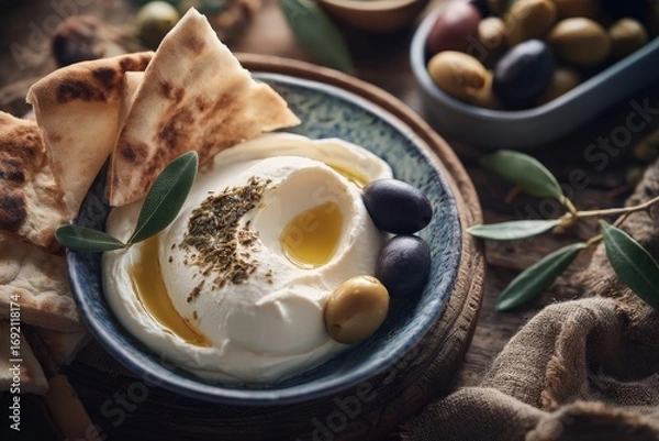 Fototapeta Creamy labneh with olives and flatbread on rustic wooden table