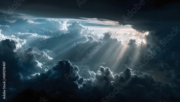 Obraz Dark storm clouds with bright sun rays piercing through dramatic sky light beams creating a powerful contrast between darkness and illuminated atmosphere above earth