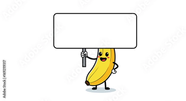 Fototapeta Happy banana character holding blank sign board for message and advertising
