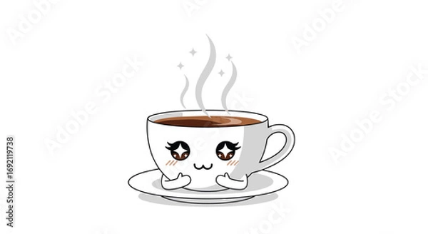 Fototapeta Kawaii coffee cup with steaming hot beverage and cute face design