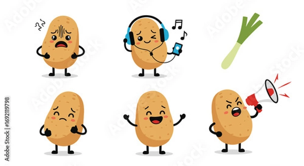 Fototapeta Cute anthropomorphic potatoes expressing different emotions with music and megaphone