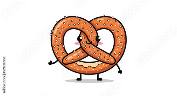 Fototapeta Cute cartoon pretzel character with happy face and delicious snack