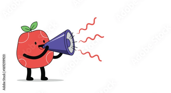 Fototapeta Cute cartoon raspberry character with a megaphone announcing something important and exciting loudly to everyone listening carefully