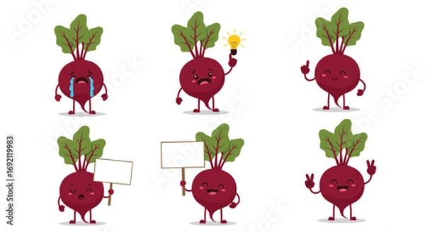 Fototapeta Collection of cute cartoon beet characters expressing various emotions and actions