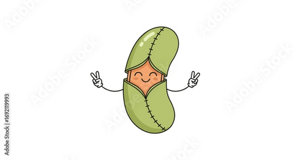 Fototapeta Cute cartoon green bean character waving both hands with peace signs