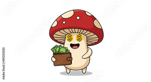 Fototapeta Mushroom character with money in wallet and eyes on white background