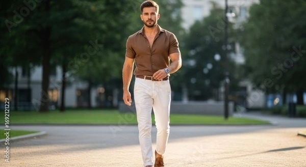 Fototapeta A well-dressed man confidently strides forward on a paved path, posing in a park.