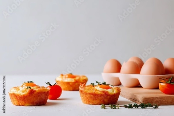 Fototapeta Savory egg muffins with cherry tomatoes and thyme on a wooden board with eggs