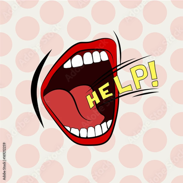 Fototapeta Cartoon mouth loud help. Stylish colored design. Scream, shout, cry.