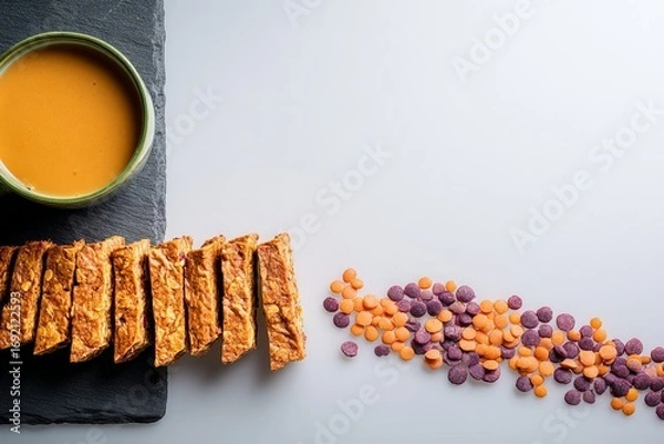 Fototapeta Healthy granola bars and colorful protein bites with peanut butter on slate