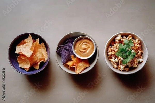 Fototapeta Assorted snacks with dips: chips and popcorn display on grey background
