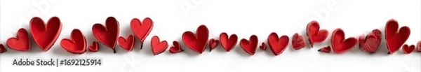 Fototapeta Many red hearts arranged in a horizontal line against a white background