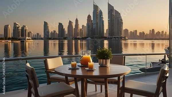 Fototapeta A photorealistic image of a modern outdoor café terrace in Dubai Marina, overlooking yachts and water at sunrise. A sleek table has a laptop, notebook, and a glass of fresh juice. Surrounding are clea