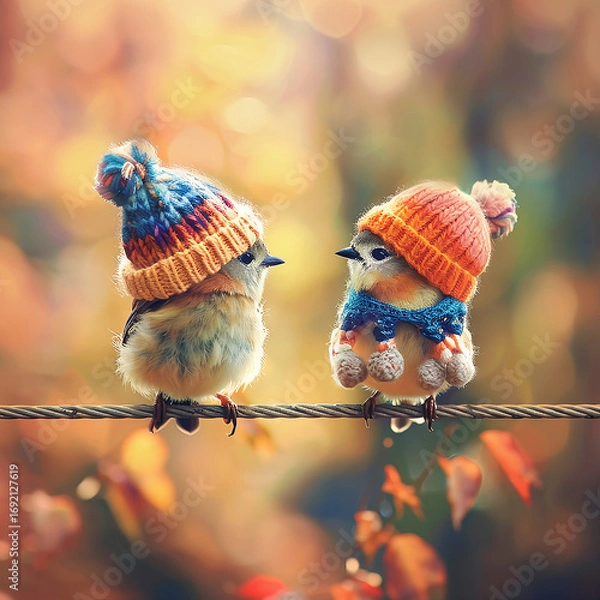 Fototapeta Romantic Birds on a Wire Looking at Each Other in a Warm Atmosphere