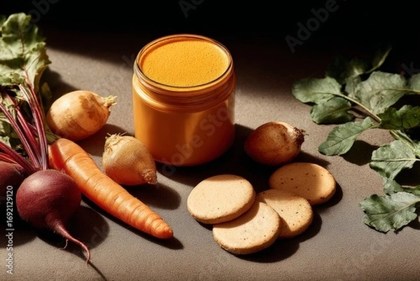 Fototapeta Organic spread with vegetables and biscuits under soft light